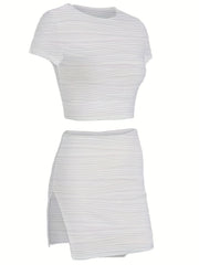 Women's Textured Two Piece Skirt Set Short Sleeve T shirt & Mini Skirt