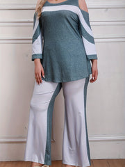 Colorblock Cold Shoulder Top & Flared Leg Pants Set