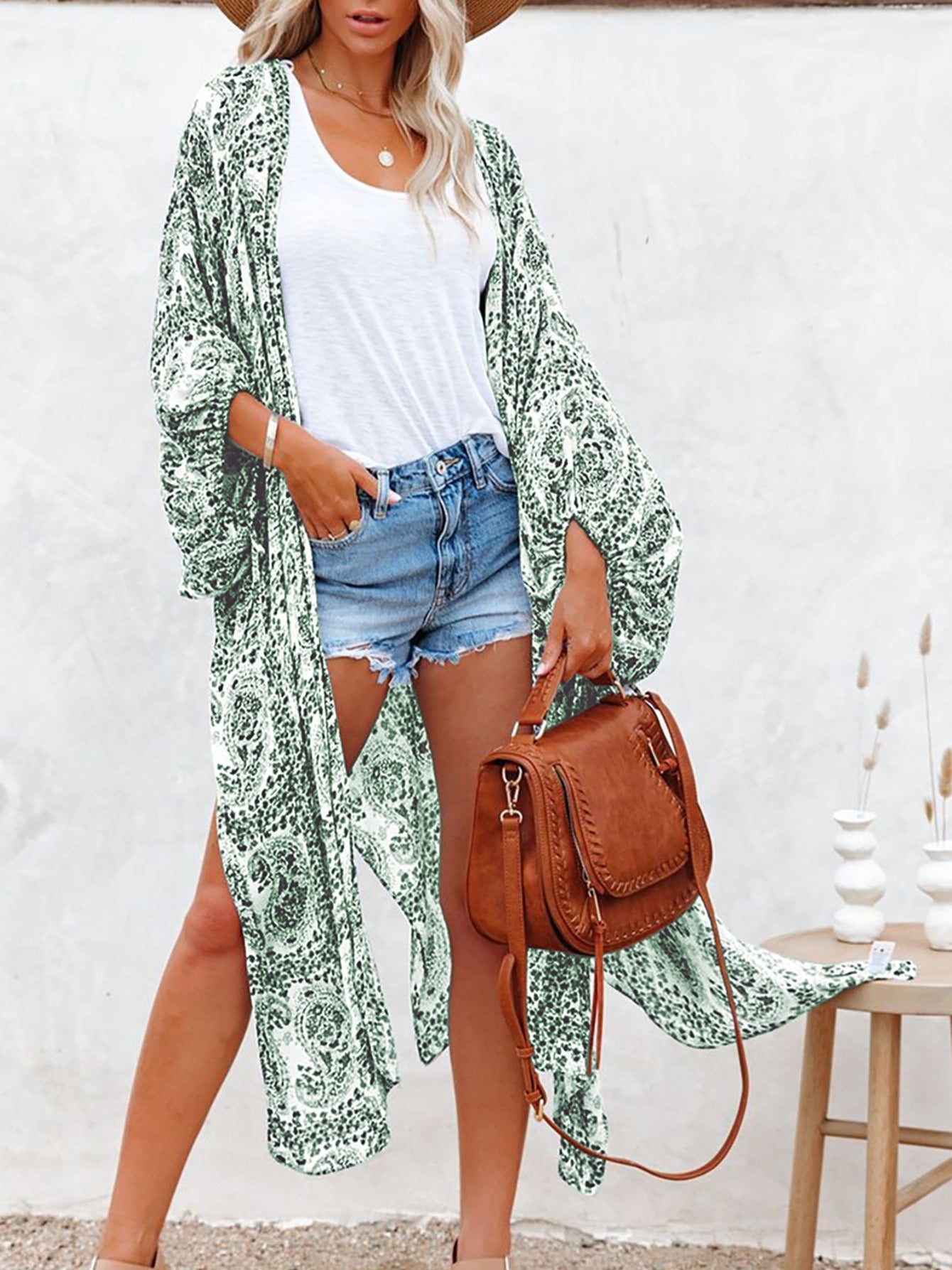 Green Print Fringed Beach Cardigan Casual Loose Cover Ups Kimono