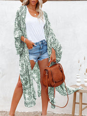 Green Print Fringed Beach Cardigan Casual Loose Cover Ups Kimono