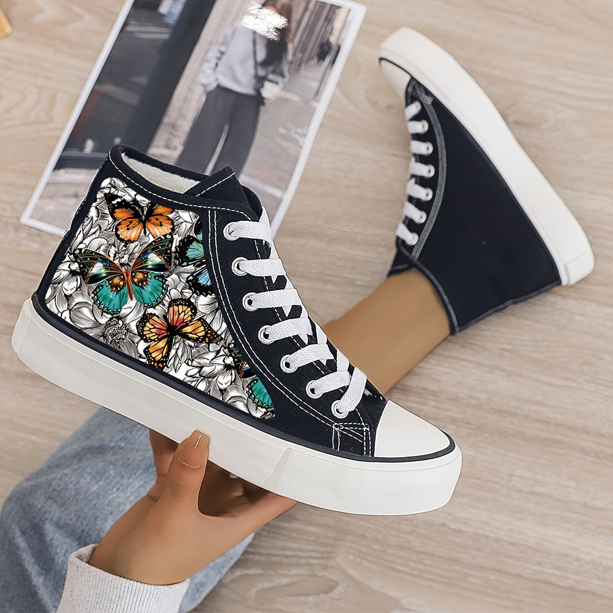 Butterfly Print Plush Lined Chunky Canvas Sneakers