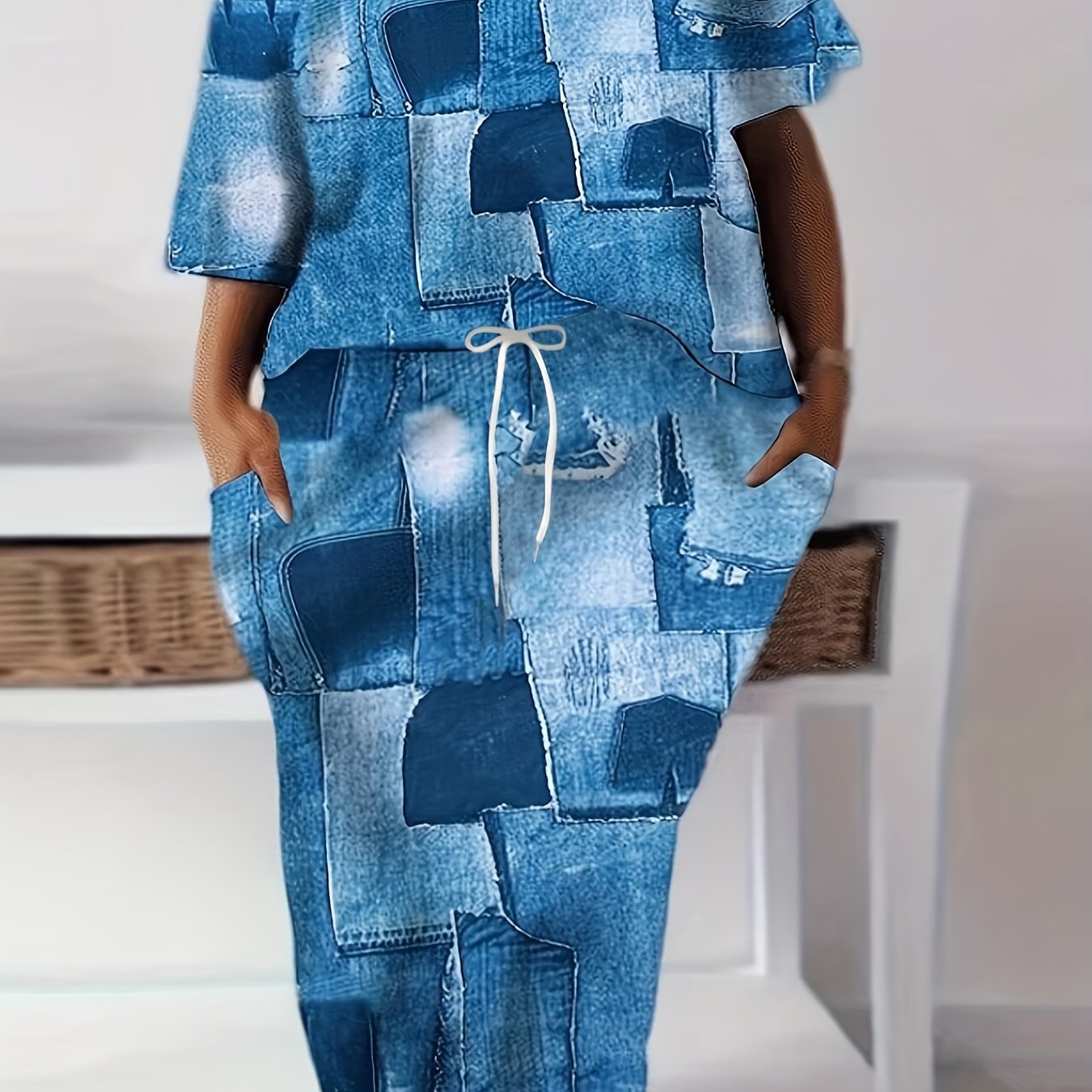 Plus Denim Print One Shoulder Tee & Maxi Skirt Set