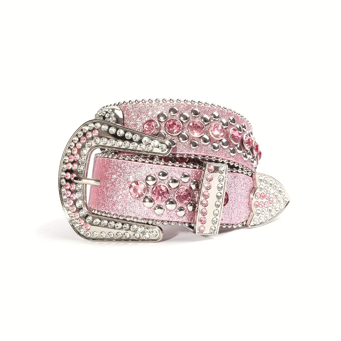 Pink Glitter Skull Belt Punk Rhinestone Decor Rivet Belt