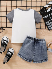 2pcs Baby Boys Star Embroidery T shirt & Ripped Denim Shorts Set