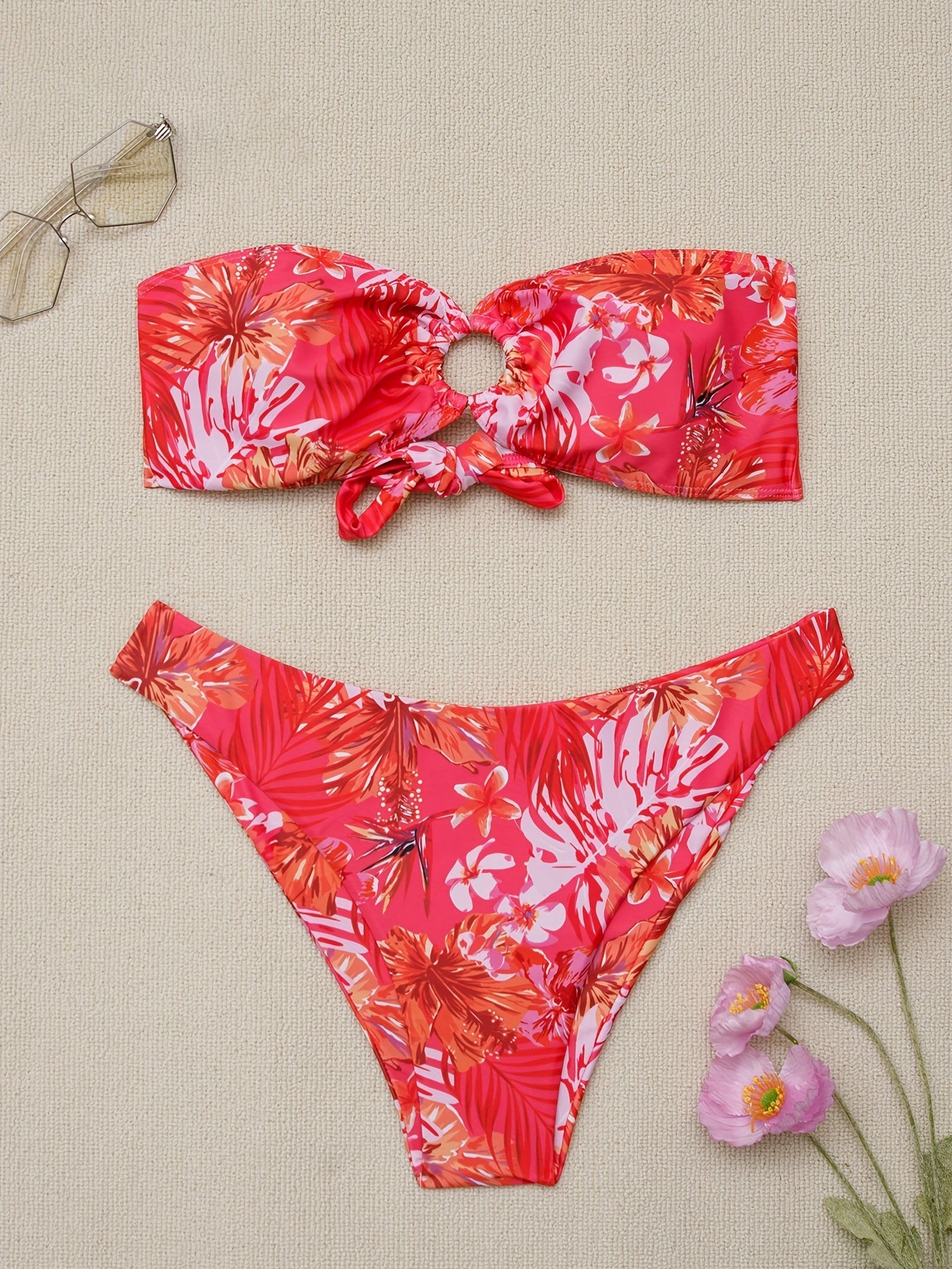 Tropical Floral Print Bikini Set Bandeau Swimsuit