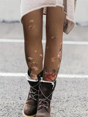 Floral Print Ribbed Leggings Medium Stretch Slim Fit
