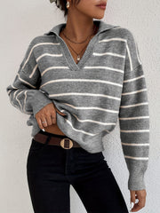 Striped Knitted Long Sleeve Polo Neck Pullover Jumper
