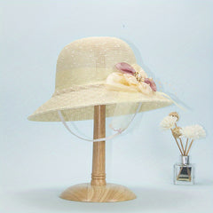 Foldable Flower Sun Hat Lace Ribbon Decor Sunscreen Basin Hat