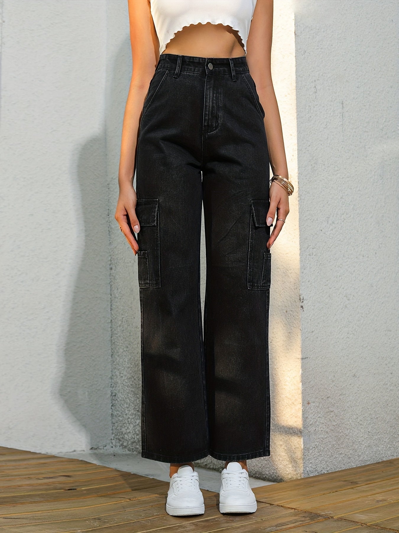 High Rise Denim Pants Solid Slash Pocket Straight Leg Jeans