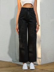 High Rise Denim Pants Solid Slash Pocket Straight Leg Jeans