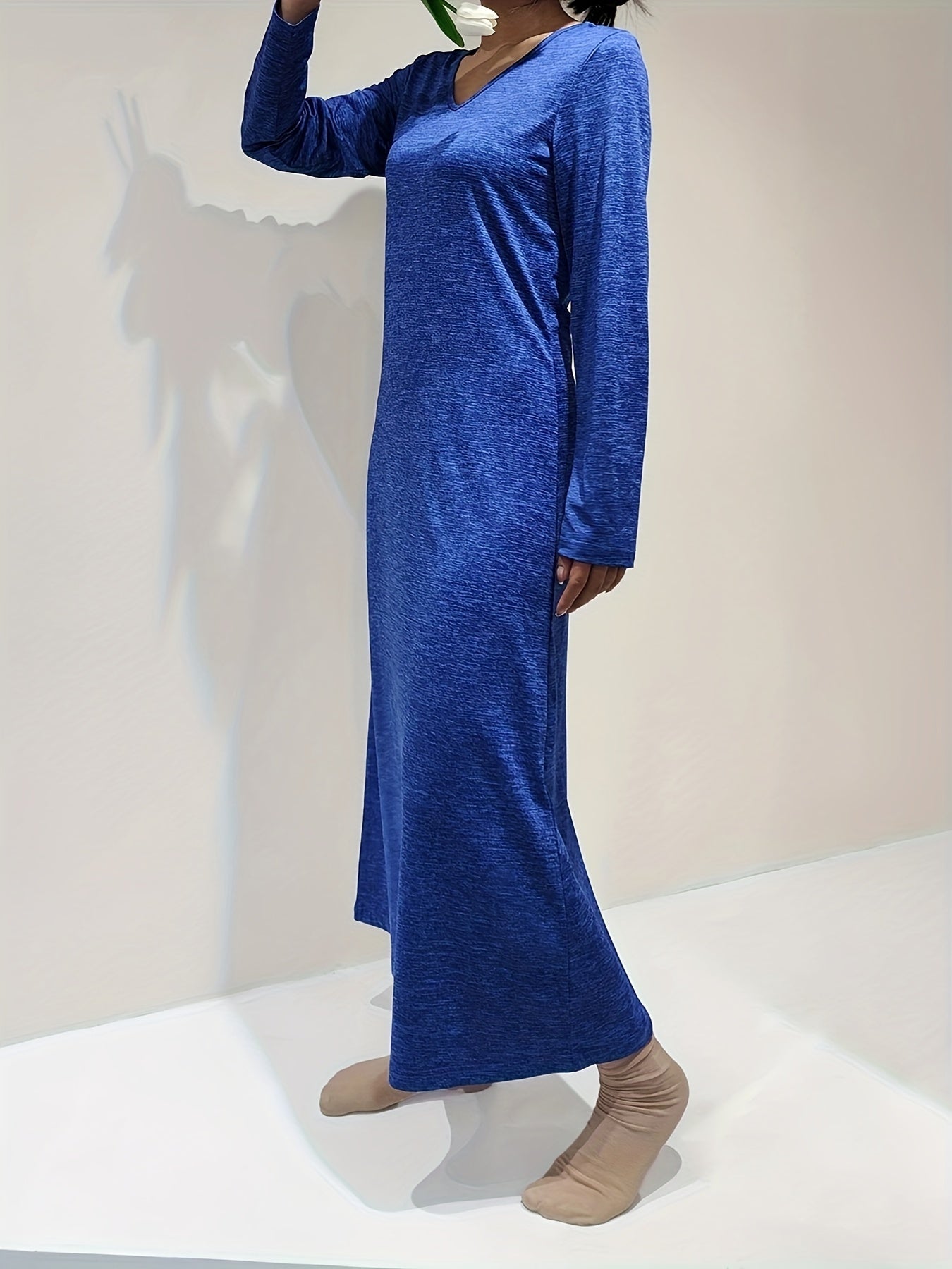 Solid V Neck Long Sleeve Lounge Dress Women's Loungewear