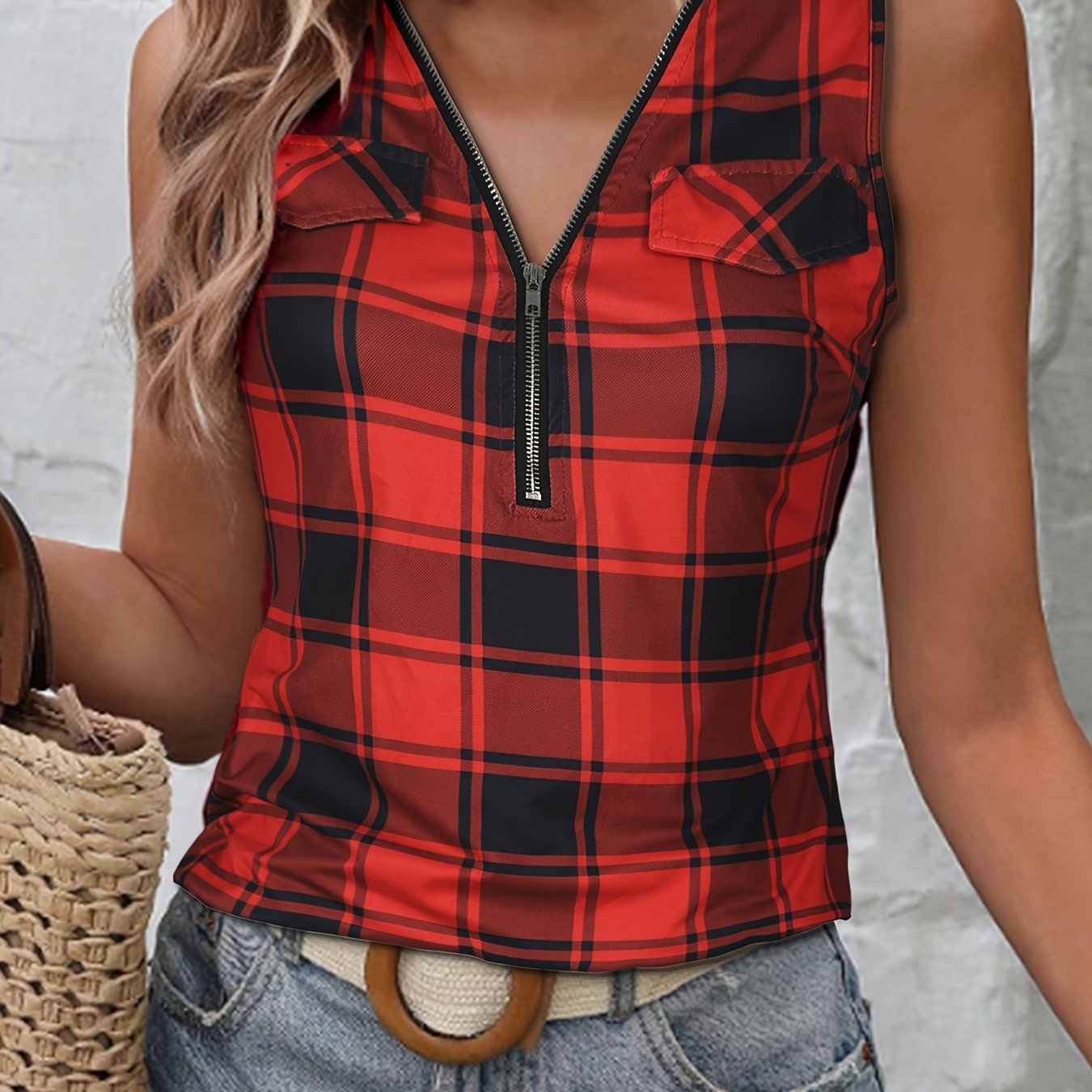 Plaid Print Zip Up Tank Top Cross Back Sleeveless Summer Women's Clothing