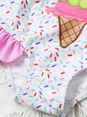 Girls Ice Cream Swimsuit with Ruffle Trim & Bow - Summer Swimwear