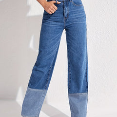 Colorblock Slash Pockets High Waist Baggy Denim Pants
