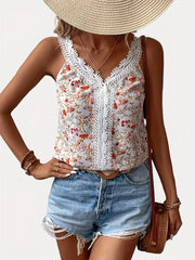 Floral Print Lace Tank Top V Neck Sleeveless Summer Top