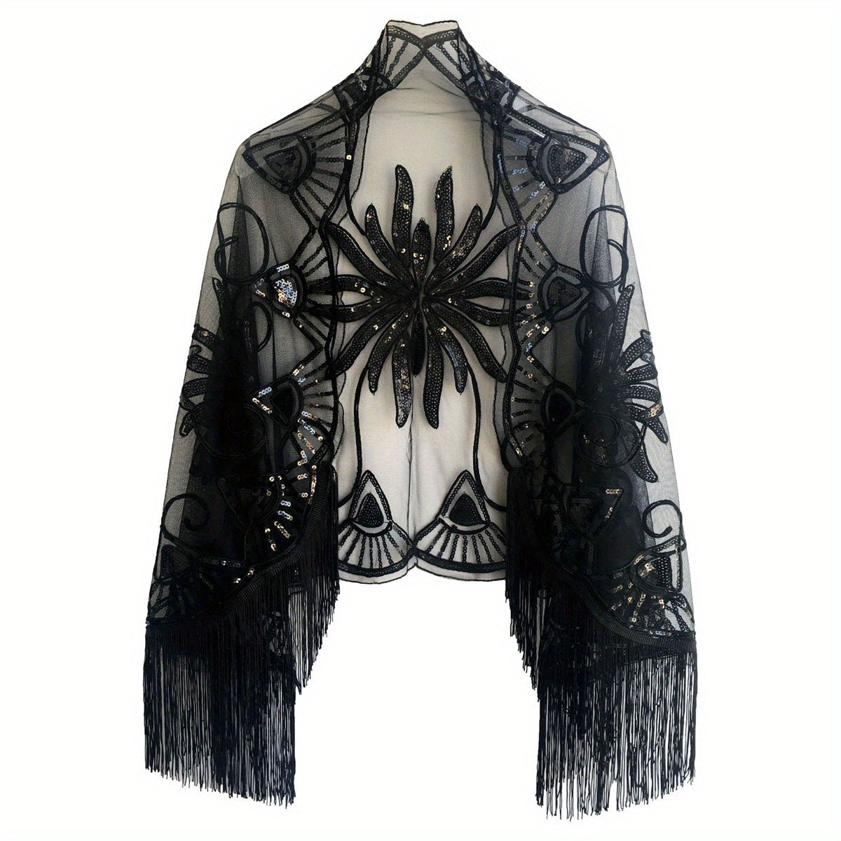Vintage Sequin Beaded Tassel Shawl 1920s Large Cape Flapper Shawls