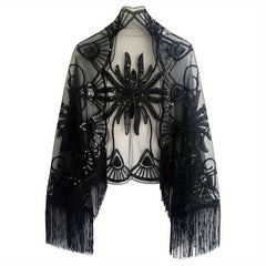 Vintage Sequin Beaded Tassel Shawl 1920s Large Cape Flapper Shawls