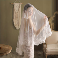 Double Layer Head Veil With Comb Floral Lace Edge Wedding Bridal Hair Accessorie