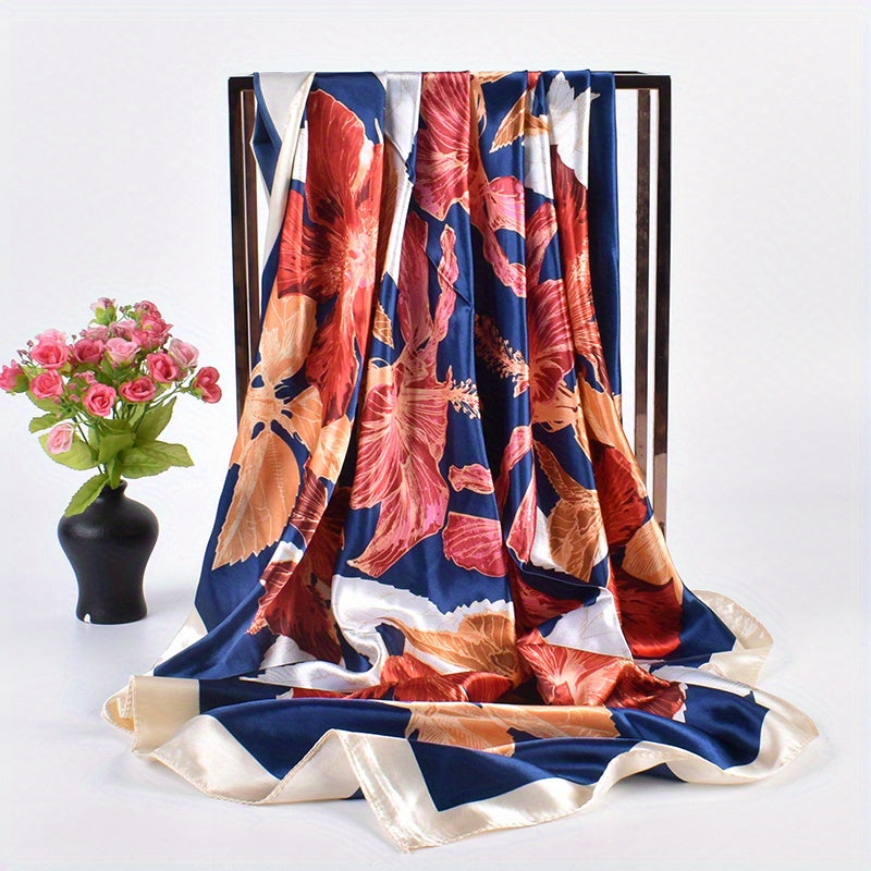 Vintage Flower Print Bandana Silky Shawl Square Scarf Woman Neckerchief
