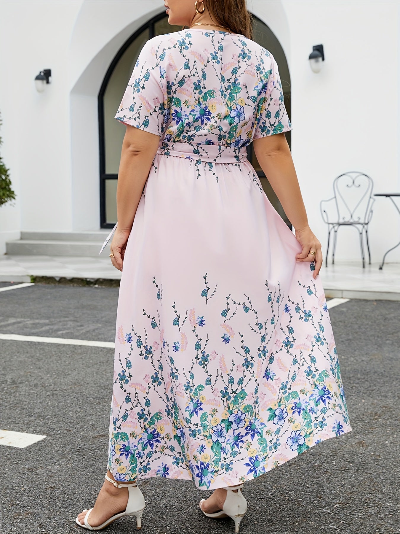 Floral Print Short Sleeve Wrap Dress With Belt
