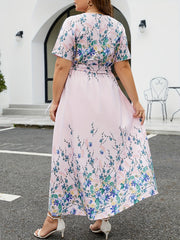 Floral Print Short Sleeve Wrap Dress With Belt