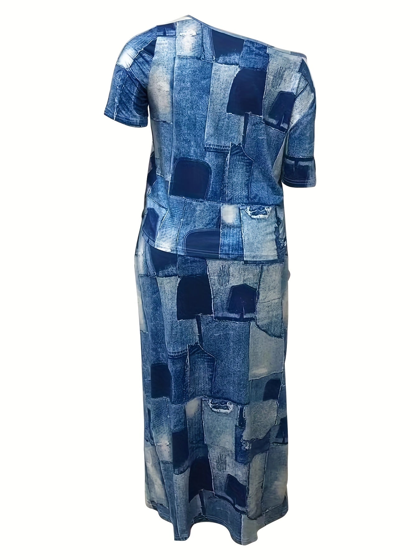Plus Denim Print One Shoulder Tee & Maxi Skirt Set