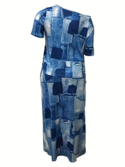 Plus Denim Print One Shoulder Tee & Maxi Skirt Set