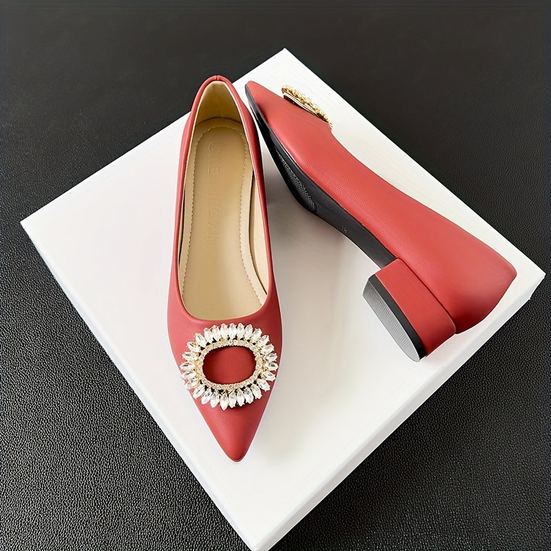 Women's Rhinestone Slip On Low Heel Point Toe Glitter Dress Shoes