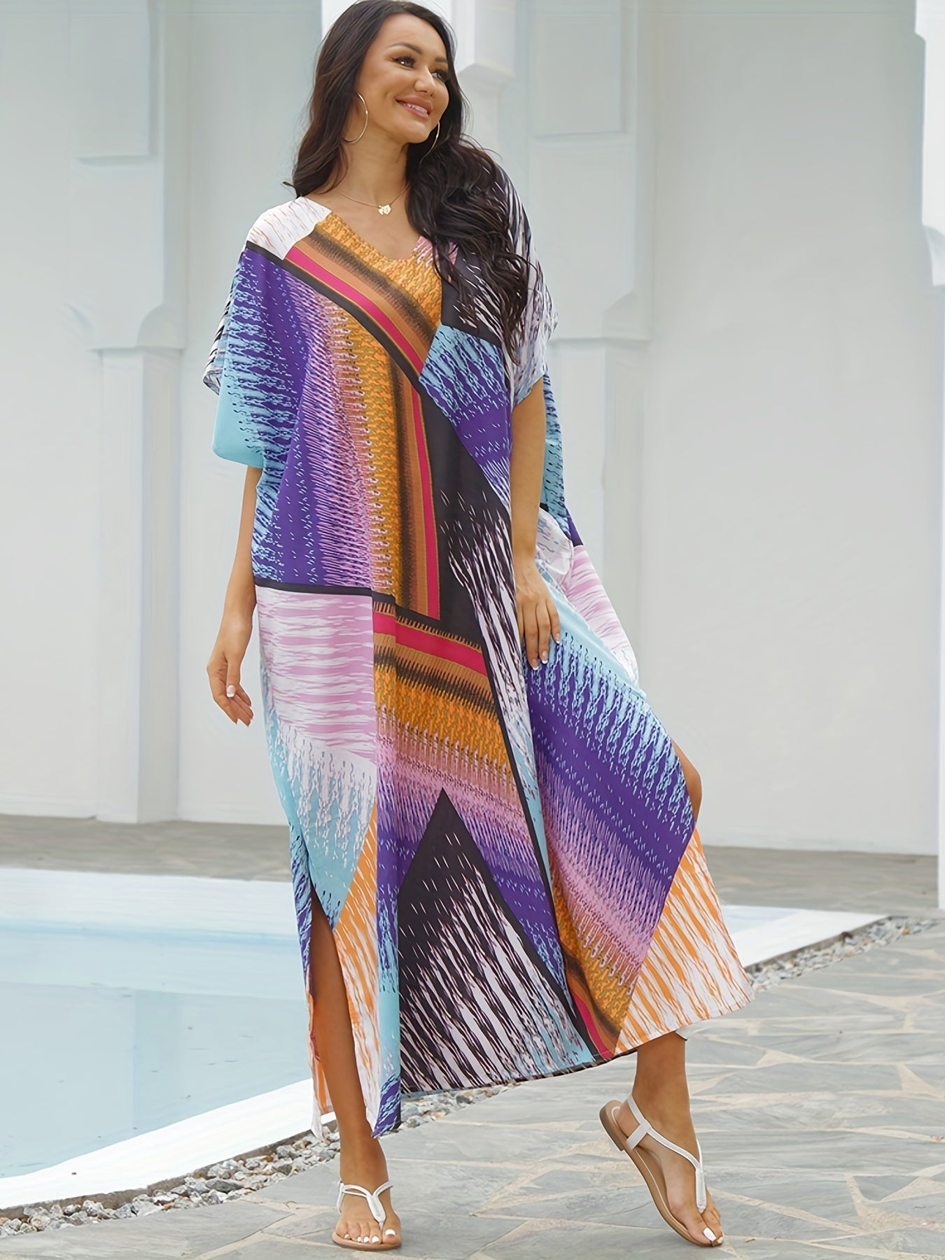Boho Cover Up Women's Plus V Neck Geometric Print Short Sleeve