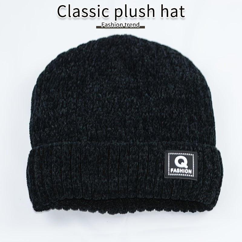 Chenille Letter Beanie Winter Knitted Hat Ear Protection Warm Beanies