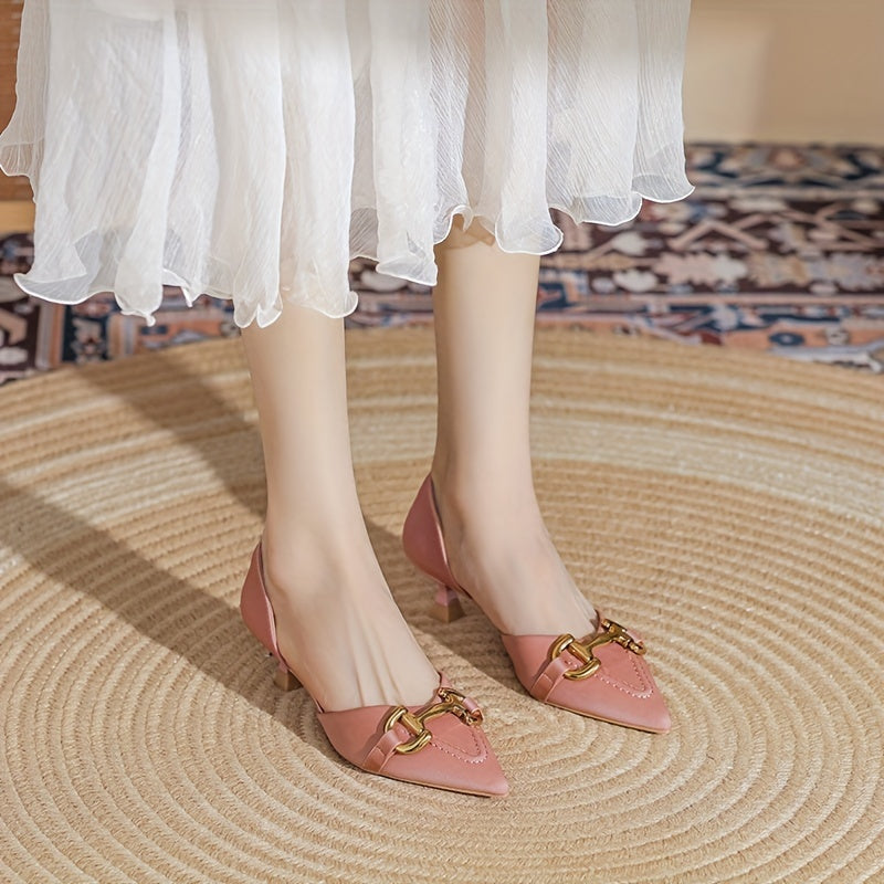 Metal Decor Kitten Heels Point Toe Pumps