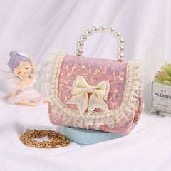Sweet Bow Girls Crossbody Bag with Sequins & Pearl Handle