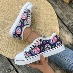Women's Flat Canvas Sneakers Halloween Skull Pattern Low Top Shoes