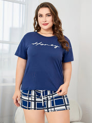Lounge Set Women's Short Sleeve Tee & Plaid Shorts Pajama