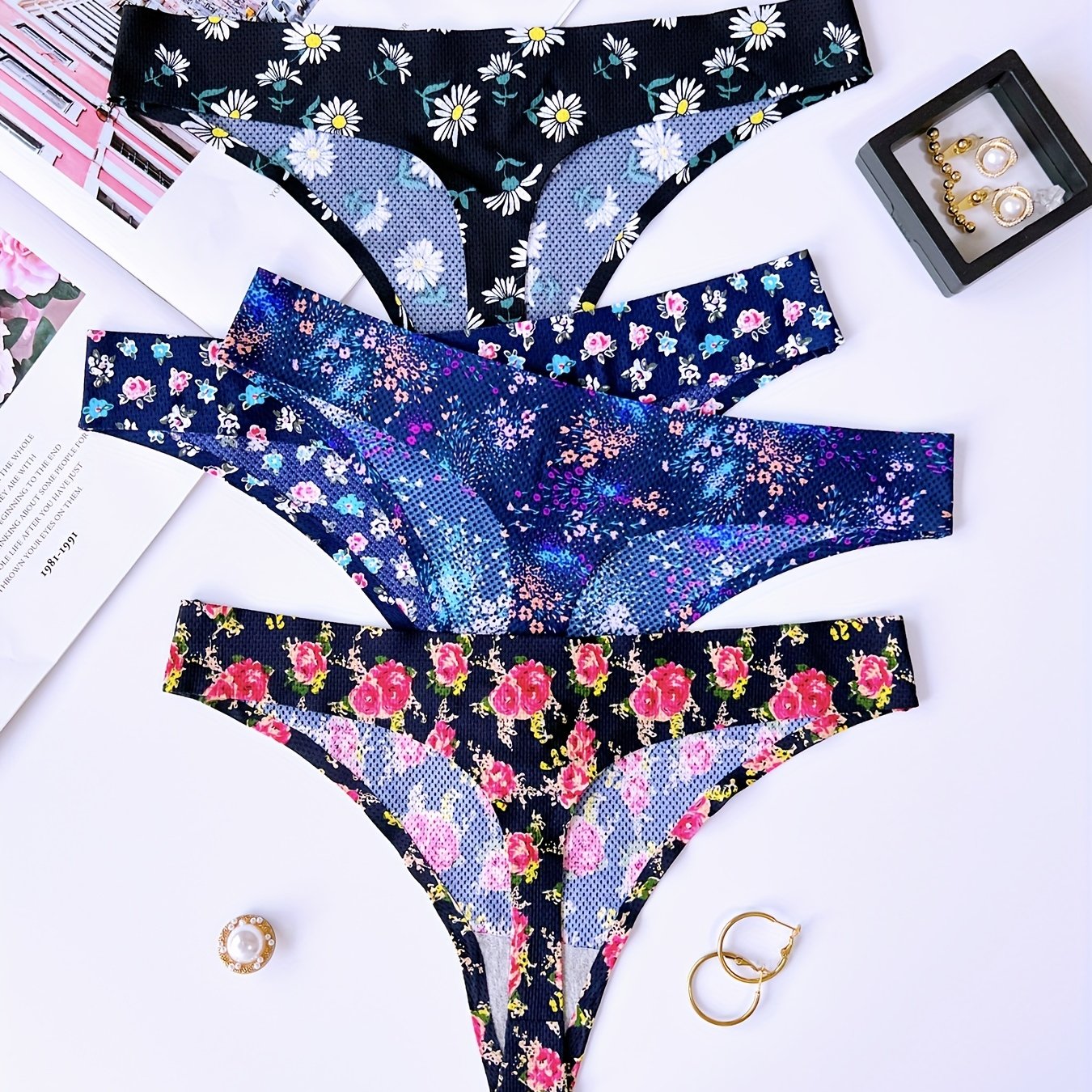 4pcs Floral Print Thongs Sexy Low Waist Intimates Panties
