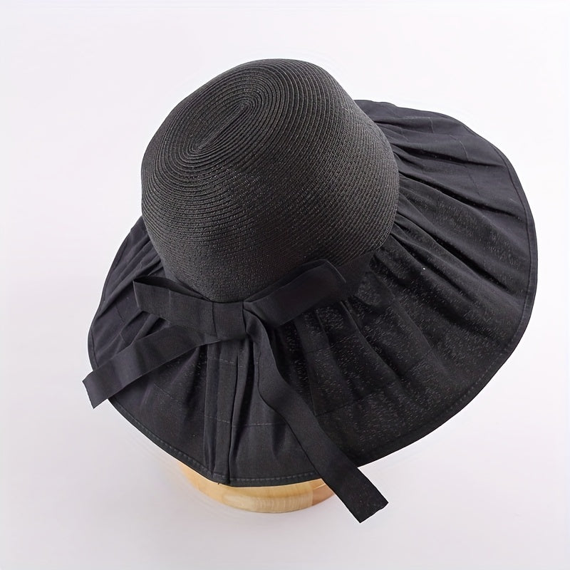 Striped Sun Hat Ribbon Bowknot UV Protection Straw Bucket Hats
