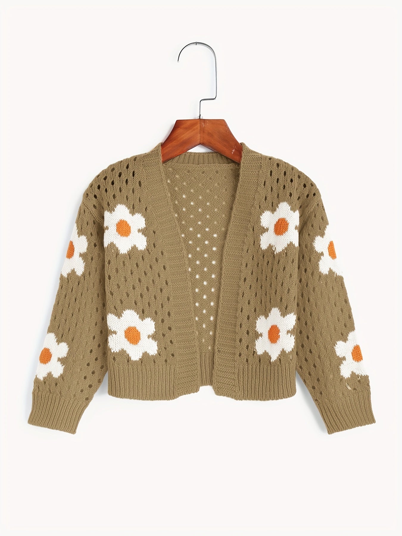 Girls Flower Jacquard Sweater Cardigan Long Sleeve Sweater Coat