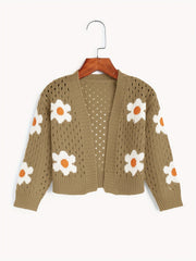 Girls Flower Jacquard Sweater Cardigan Long Sleeve Sweater Coat