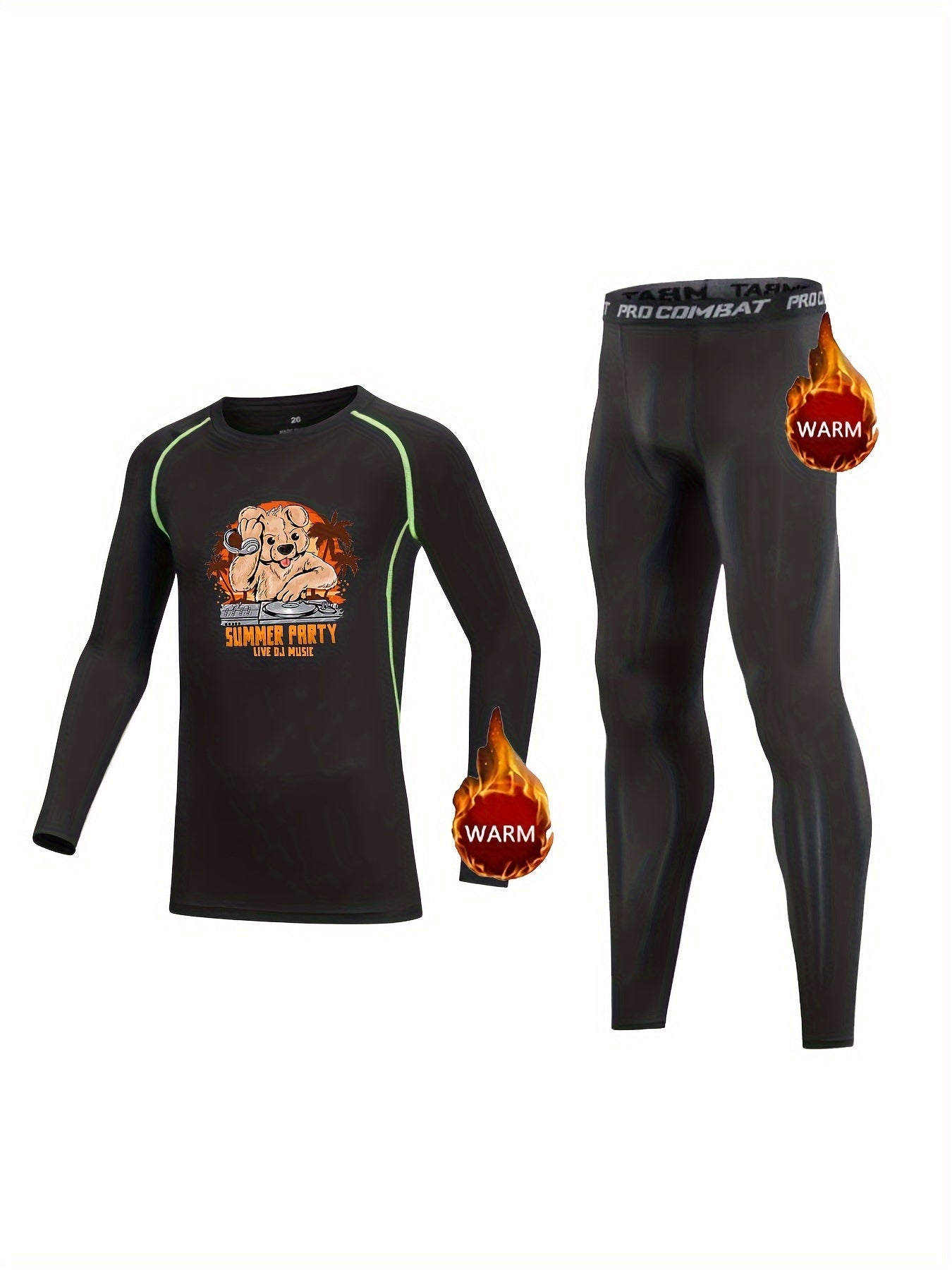 2pcs Kids Puppy Print Fleece Lined Compression Base Set
