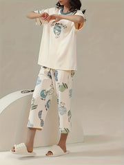 Cartoon Cat Pajama Set Short Sleeve Top & Capris Pants