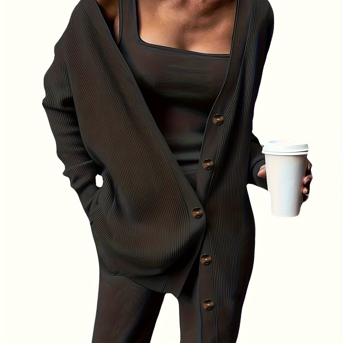 3 Piece Casual Outfit Set: Ribbed Cardigan, Tank Top & Pants