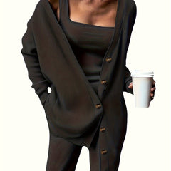 3 Piece Casual Outfit Set: Ribbed Cardigan, Tank Top & Pants