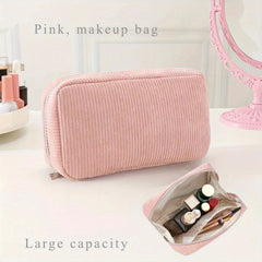 Pink Corduroy Makeup Bag with Silvery Zipper