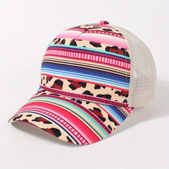 Boho Print Ponytail Trucker Hat Mesh Pink Baseball Cap