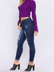 Navy Ripped Skinny Jeans High Stretch Denim Pants Women's Clothing