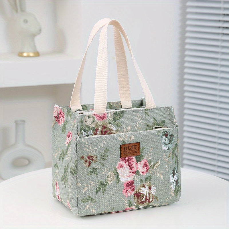 Large Capacity Floral Print Storage Bag with Insulation Zippered Pocket