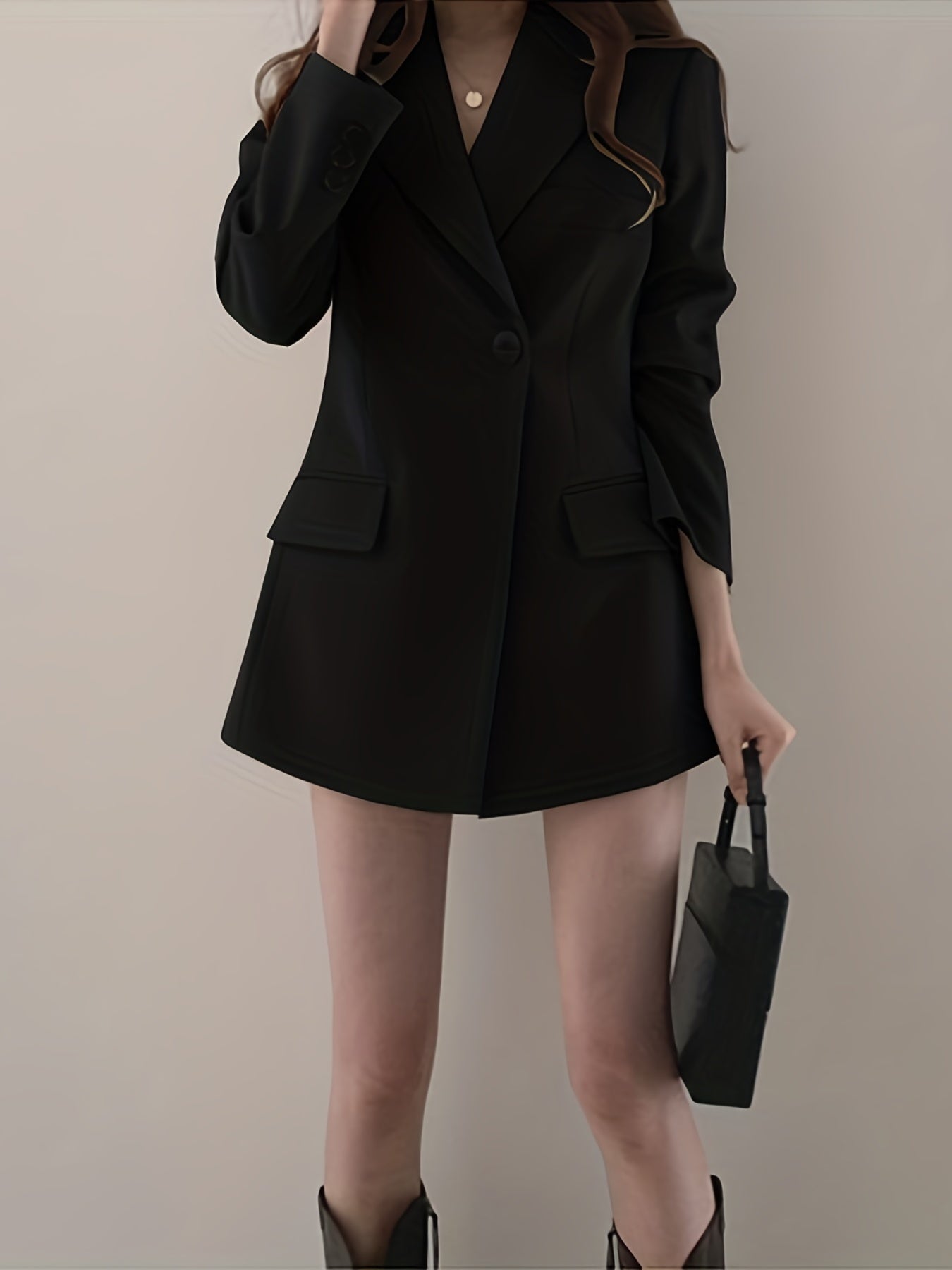 Solid Button Front Lapel Blazer Long Sleeve Pockets Blazer