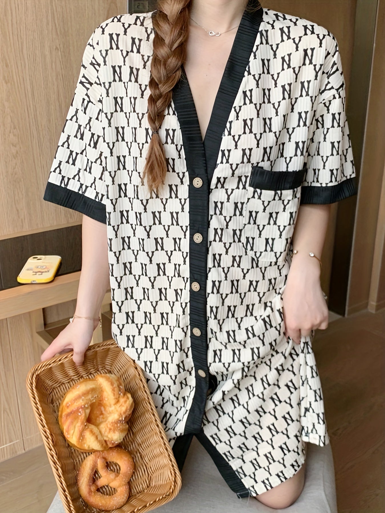 Colorblock Short Sleeve Button Robe Women's Loungewear