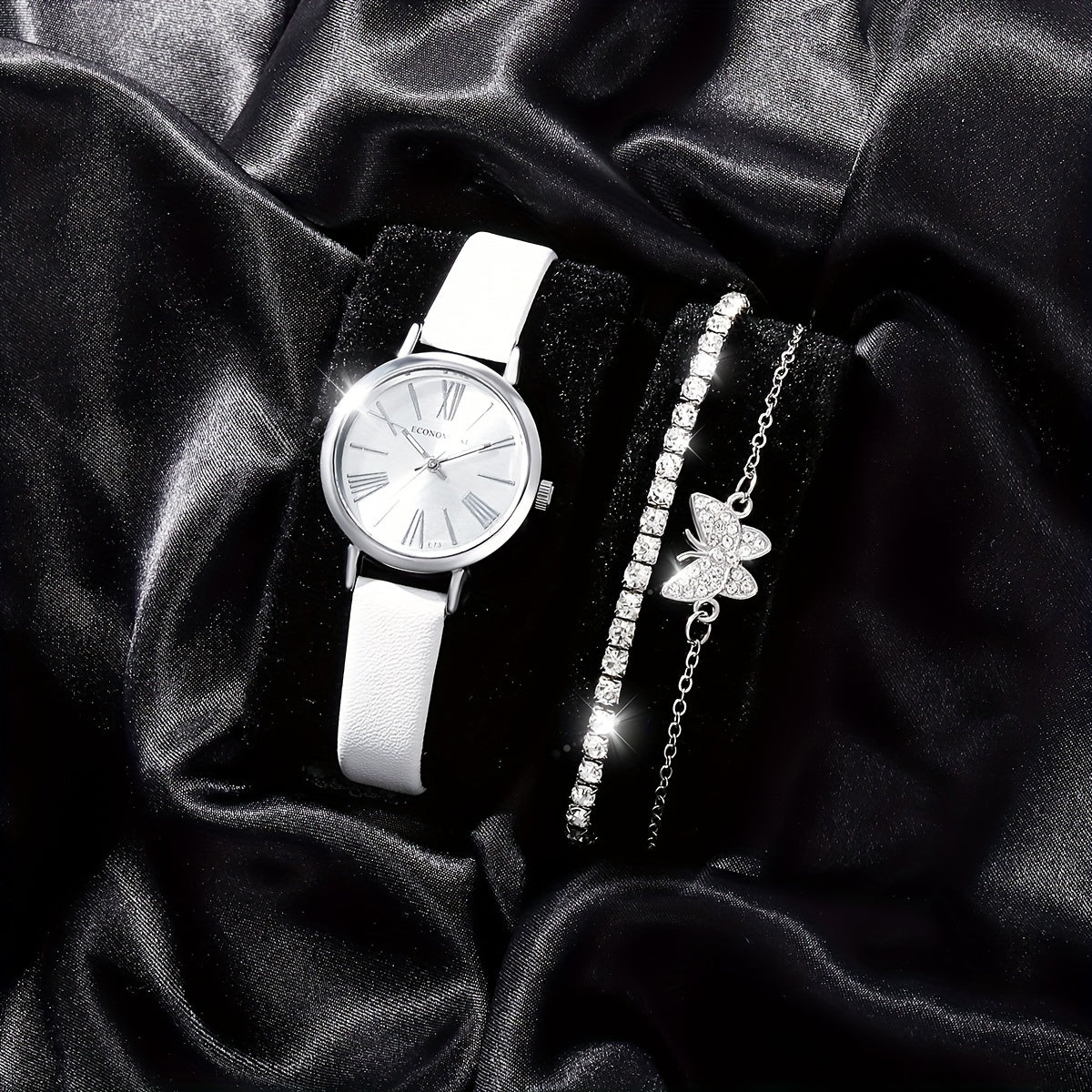 Women's Leather Quartz Watch & Rhinestone Bracelet Set