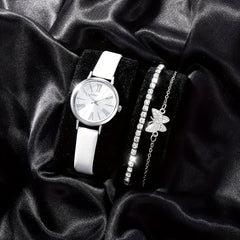 Women's Leather Quartz Watch & Rhinestone Bracelet Set